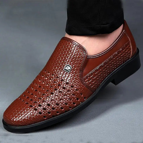 Elegant Men's Business Leather Sandals - Soft Bottom Hollow Hole Design for Middle-Aged and Elderly Dads - Comfortable Slip-On Footwear for Office and Career